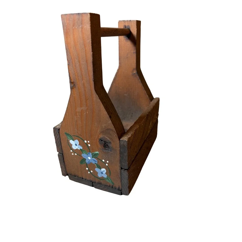 Vintage Handmade Wooden Carrier Folk Art Hand Painted Flowers Cottage Farm Decor